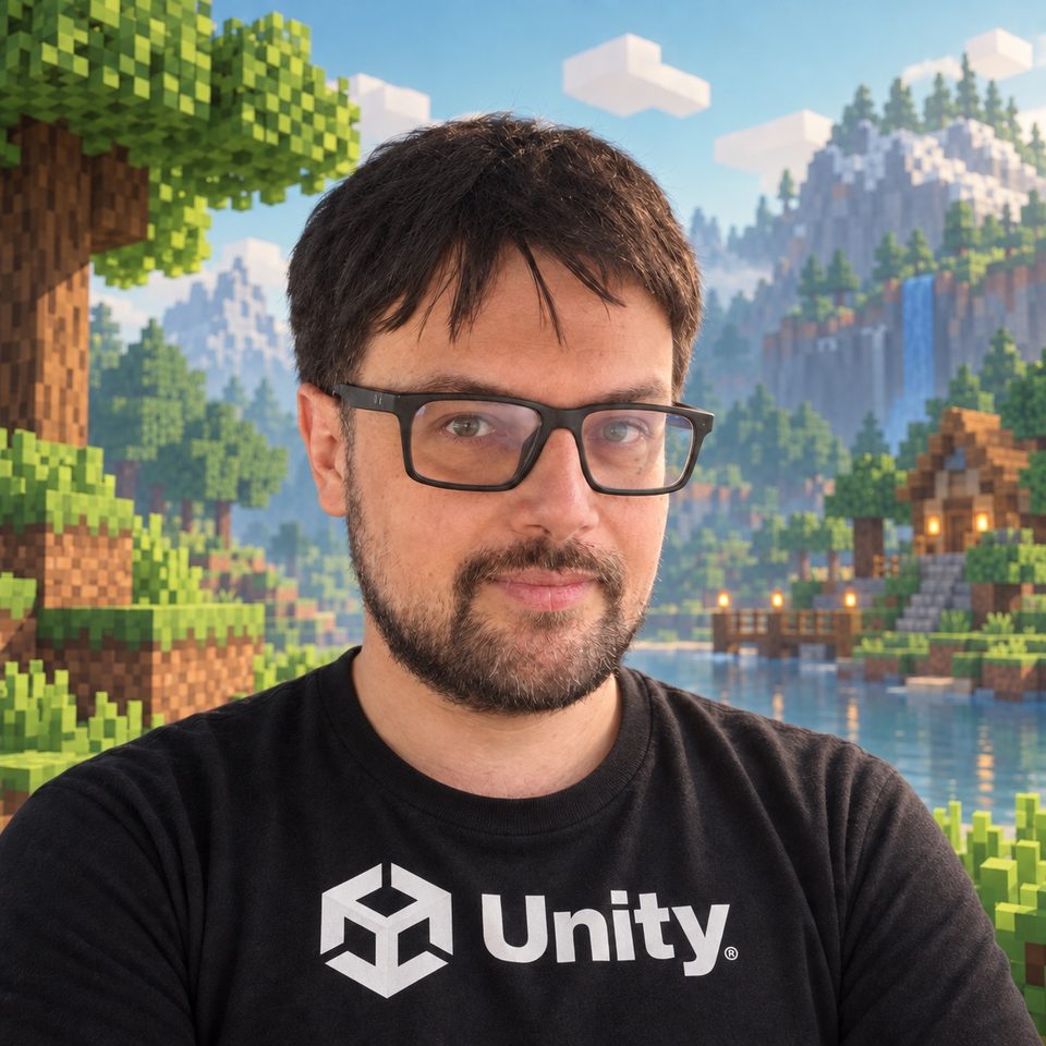 Anatoly Sheshenin wearing a Unity T-shirt against a three-dimensional pixel-art landscape